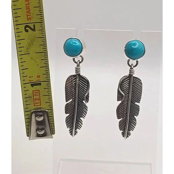 Southwestern Sterling Silver Kingman Turquoise Feather Dangle Drop Earrings - Picture 3 of 5